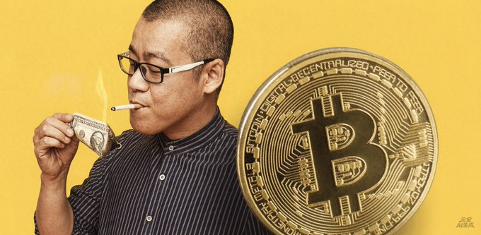 A digital illustration of a man lighting a rolled-up US dollar bill like a cigarette while holding a large gold Bitcoin coin against a yellow background.