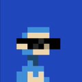 Pixel art of a person with a blue cap, sunglasses, and blue shirt against a blue background.