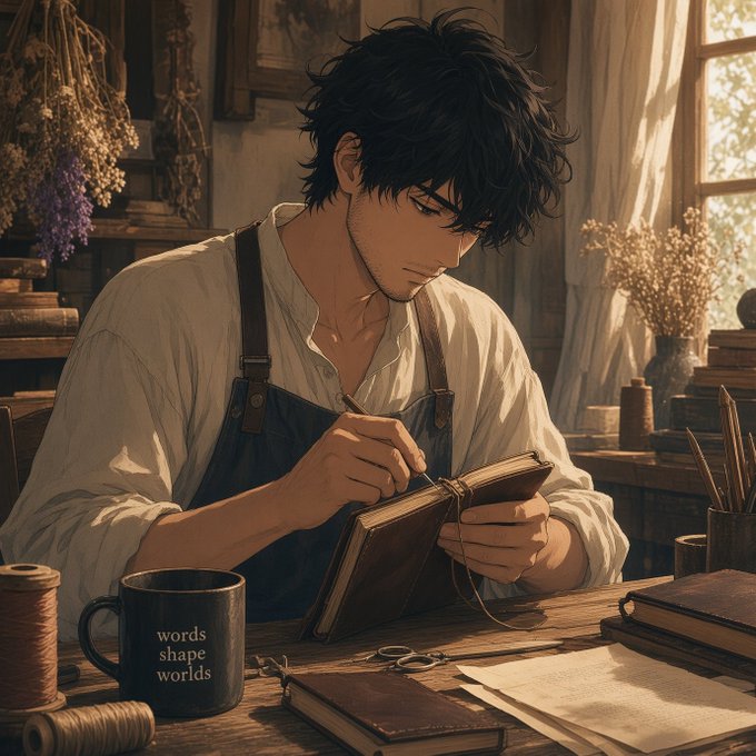 An anime-style man in an apron carefully crafts a leather-bound journal at a cozy workshop desk, with a mug reading "words shape worlds" beside him. The image's artisanal theme of creating something with depth and intention serves as a visual metaphor for Beldex's message: privacy isn't just a single transaction feature, but a carefully constructed ecosystem covering chat, browsing, and IP protection.
