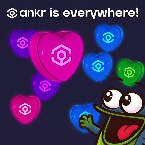 A promotional graphic with the text 'ankr is everywhere!' featuring floating colorful heart-shaped Ankr logos and a cartoon frog character in the bottom right corner.