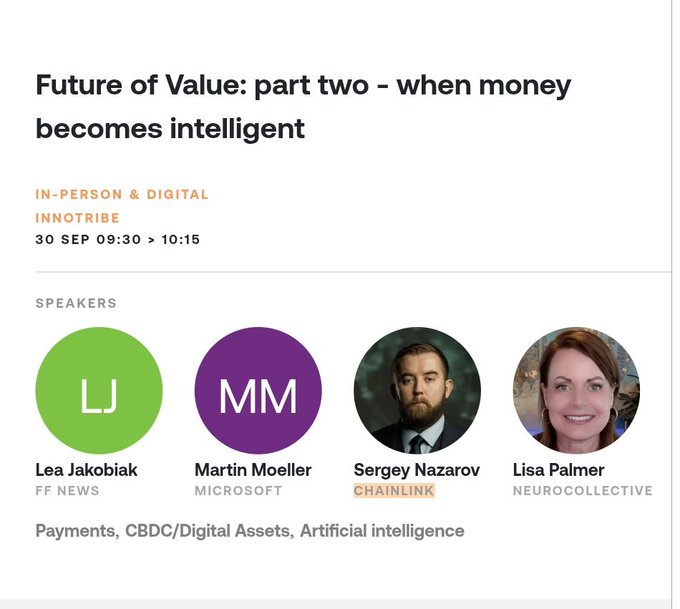 An event listing for 'Future of Value: part two - when money becomes intelligent' at INNOTRIBE on 30 SEP, featuring speakers Lea Jakobiak (FF News), Martin Moeller (Microsoft), Sergey Nazarov (Chainlink), and Lisa Palmer (Neurocollective).