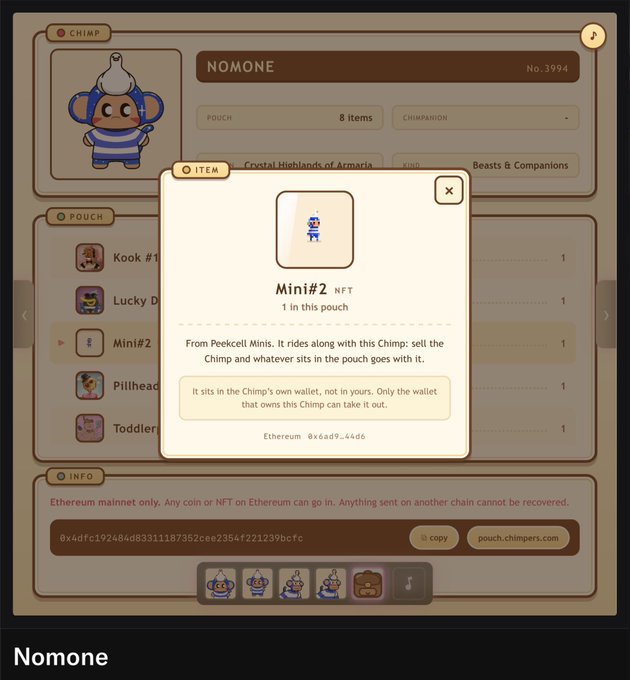 A screenshot from the ChimP NFT platform displaying a 'NOMONE No. 3994' character in a pouch, with a pop-up showing a 'Mini#2 NFT' from 'Peekcell Minis' on the Ethereum mainnet.