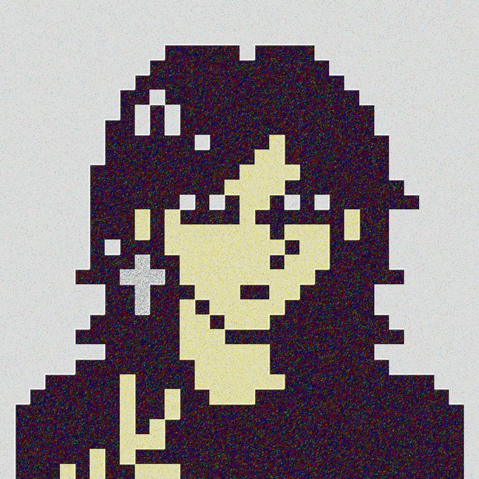 A pixel art portrait of a woman with dark hair styled in an updo, holding what appears to be a small object near her face, rendered in a beige and dark color palette.