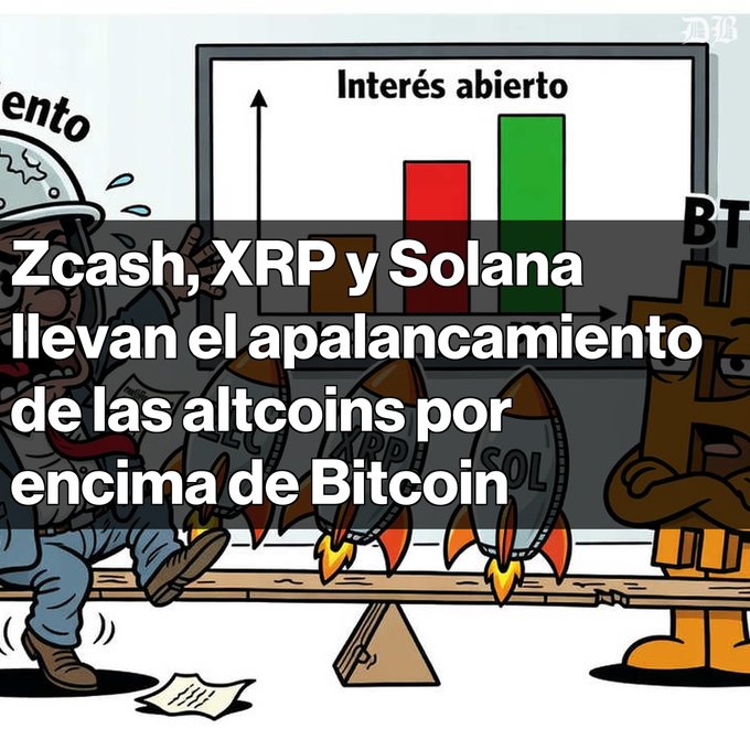 An illustrated graphic about cryptocurrency shows rockets labeled ZEC, XRP, and SOL on a seesaw balancing against BTC, with Spanish text reading 'Zcash, XRP y Solana llevan el apalancamiento de las altcoins por encima de Bitcoin' and 'Interés abierto' on a chart.