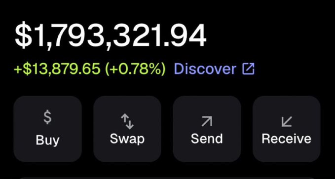A crypto wallet interface displays a balance of $1,793,321.94 with a daily gain of +$13,879.65 (+0.78%), featuring Buy, Swap, Send, and Receive buttons. The screenshot visually supports the post's boast about nearly $1.8M sitting in their Robinhood-linked wallet.