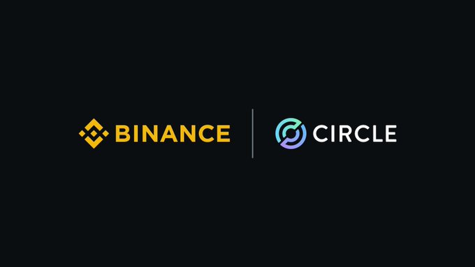 The image displays the logos of Binance (in yellow with its signature diamond-shaped icon) and Circle (in white with a purple-blue gradient circular icon), separated by a vertical line on a black background. The graphic visually represents the announcement of Binance's investment in Circle and the extension of their USDC partnership.