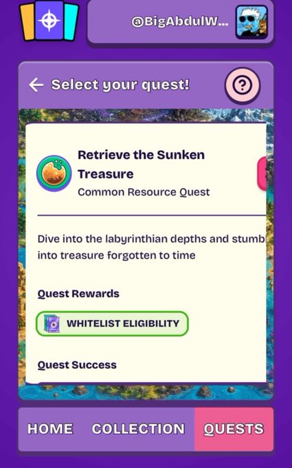Screenshot of the Everdraw RPG mobile app showing the "Select your quest!" page with a "Retrieve the Sunken Treasure" common resource quest highlighted, which offers whitelist eligibility as a reward. The post promotes participating in Everdraw RPG's Season Zero quests campaign for free to win whitelist eligibility.