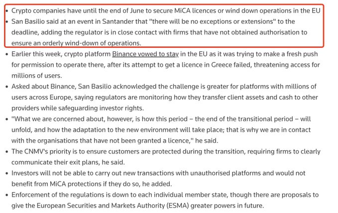 The image is a bullet-point news summary about EU crypto regulation, highlighting that Spain's CNMV (via spokesperson San Basilio) confirmed there will be no exceptions or extensions to the MiCA licensing deadline at the end of June, with firms like Binance having to secure licences or wind down operations, and customers being protected during the transition while enforcement remains the responsibility of individual member states.