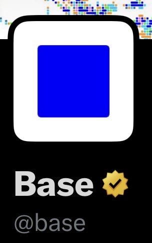 The Base app icon features a white rounded square with a blue inner square, accompanied by the text "Base" next to a gold verified badge and "@base" on a black background.