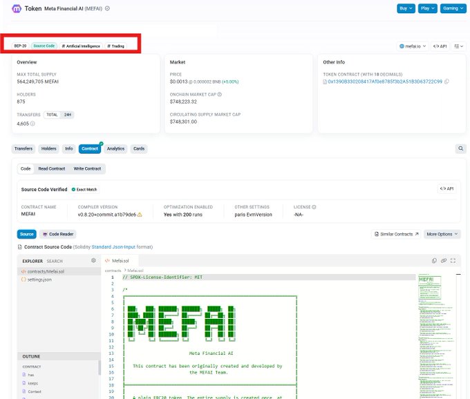 A screenshot of the Token Meta Financial AI (MEFAI) token page on a blockchain explorer, highlighting tags for 'REP 20', 'Source Code', 'Artificial Intelligence', and 'Trading', and showing the contract's verified source code with an ASCII-art MEFAI logo.