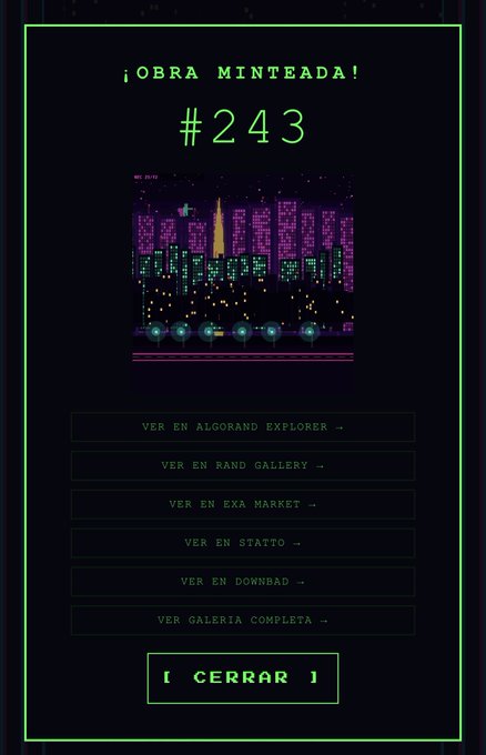 A pixel-art NFT display page titled '¡OBRA MINTEADA! #243' with a retro arcade-style purple and yellow cityscape image, showing navigation links to Algorand Explorer, Rand Gallery, EXA Market, Stattio, and Downbad, in Spanish.