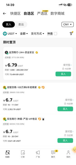 A Chinese cryptocurrency P2P trading app shows USDT buy offers ranging from ¥6.79 to ¥6.7 per USDT, with the top advertiser "金盾商行-24h-资金安全" offering ¥6.79 for orders of 1,000-200,000 CNY, illustrating the wide bid-ask spread referenced in the post about sellers panic-dumping USDT at low prices due to market fear.