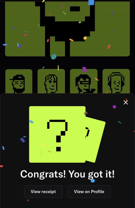 A digital interface displaying pixel art characters and folder icons with a 'Congrats! You got it!' message, alongside 'View receipt' and 'View on Profile' buttons.