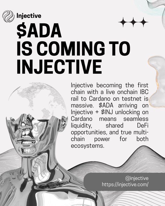 The image is a promotional graphic for Injective announcing "$ADA IS COMING TO INJECTIVE," highlighting that Injective is the first chain with a live onchain IBC rail to Cardano's testnet, enabling seamless liquidity and multi-chain DeFi opportunities for both $ADA and $INJ ecosystems.
