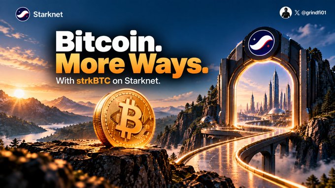 Promotional graphic for Starknet featuring the text 'Bitcoin. More Ways. With strkBTC on Starknet.' alongside the Starknet logo and handle @grindi01, depicting a golden Bitcoin against a fantasy landscape with an archway.