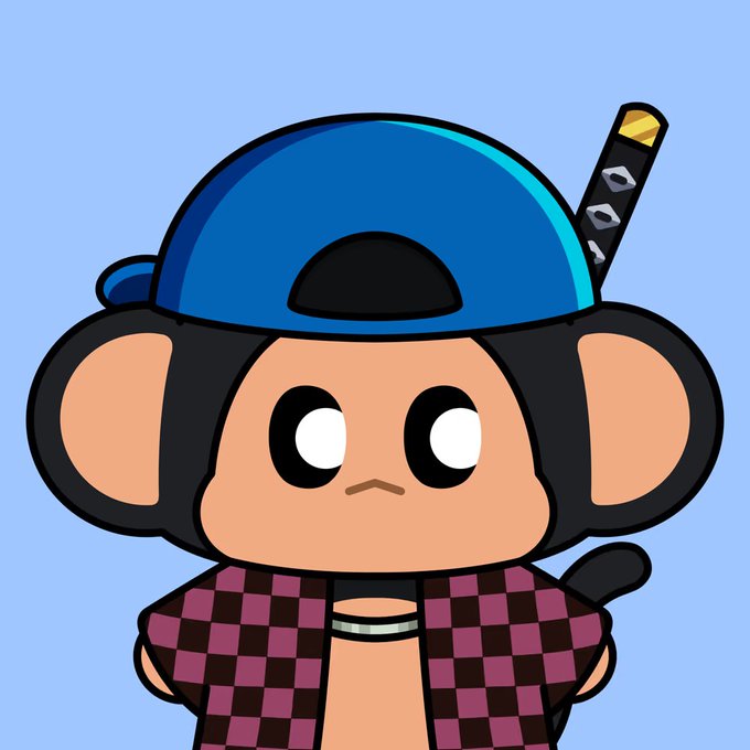 A cartoon illustration features a monkey character wearing a blue cap backwards and a pink and black checkered shirt, with a sword handle visible behind its head.