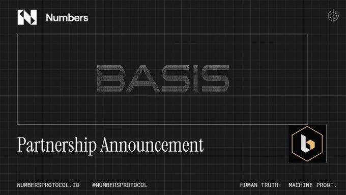 A partnership announcement graphic between Numbers Protocol and BASIS, featuring the Numbers logo, 'BASIS' in large wireframe text, and the tagline 'HUMAN TRUTH. MACHINE PROOF.' with handles @numbersprotocol and numbersprotocol_io.