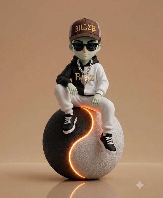 A 3D-rendered cartoon character wearing a 'BILLZB' cap, sunglasses, and a skull chain necklace, sitting on a yin-yang sphere with a glowing orange dividing line.