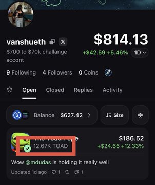 The image shows a Polymarket profile for "vanshueth" displaying a $700 to $70k challenge account with a balance of $627.42, highlighting a TOAD position worth $186.52 (+12.33%) with a 12.67K token holding. The post compares Pumpfun vs Fomo app token purchases, suggesting the $2.50 difference shows both platforms deliver similar results in this challenge.