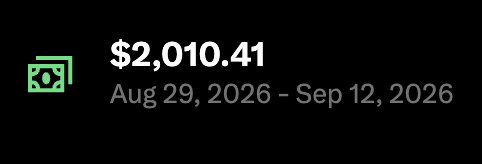 A green money icon displays earnings of **$2,010.41** for the period **Aug 29, 2026 – Sep 12, 2026**, which the post references as the "$2,000" milestone celebrated from @xcreators, with plans to give the earnings away to the community.