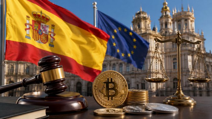 The image shows a Spanish flag alongside an EU flag, with a judge's gavel, a Bitcoin coin, stacked coins, and the scales of justice set against a grand governmental building, symbolizing the intersection of Spanish and EU financial regulation. This visual reinforces the post's message about Spain's CNMV enforcing strict MiCA licensing deadlines, with the gavel and scales representing regulatory authority and the Bitcoin symbolizing the crypto exchanges facing potential shutdown by late June.