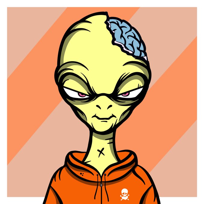 A cartoon-style portrait of an alien-like green character with a partially exposed brain, wearing an orange hoodie with a skull logo, set against an orange striped background.