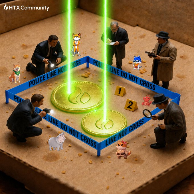 The image features a group of toy figures, including police officers and other characters, gathered around a table with two gold coins on top. The coins are emitting a green glow that appears to be attracting the attention of the toy figures. One of the toy figures is holding a magnifying glass over one of the coins while another figure is holding a flashlight. The scene suggests that they might be investigating or examining something related to the glowing coins, possibly a mysterious object or an unusual phenomenon.