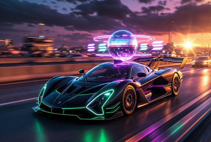 The image features a black sports car with neon green lights, driving down a highway at night. The car has a large neon ball on top of its roof that glows brightly against the dark sky. The background shows a city skyline under a cloudy sky, creating an urban atmosphere around the car. The caption "Lets build on Solana #Solana #Growth" suggests that this image is related to a post about building or promoting a business named Solana.