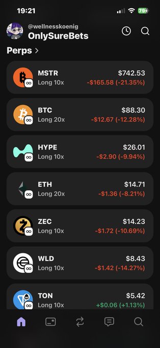 The image shows a close-up view of a cell phone screen with various cryptocurrency icons and text displayed, including one that reads "Only SureBets" and another stating "Perps", possibly referring to trading platforms for different cryptocurrencies or fees associated with certain trading options. The Bitcoin icon is prominently visible at the top left corner, while other icons like Ether and Long 10x are located around the screen, indicating a variety of cryptocurrency options available in the app.