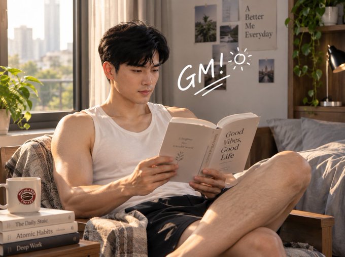 A young man in a white tank top and dark shorts sits reading a book titled 'Good Vibes, Good Life', with 'GM!' and a sun doodle overlaid. Beside him are stacked books including 'Atomic Habits' and 'Deep Work', and a poster reads 'A Better Me Everyday'.