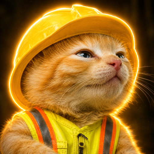 A digital artwork of an orange tabby kitten wearing a glowing yellow hard hat and a high-visibility safety vest.