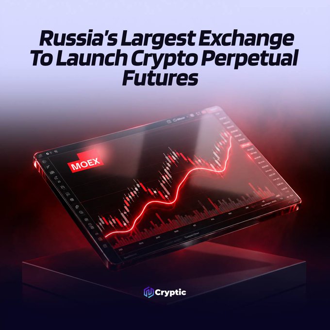 A promotional graphic featuring the headline "Russia's Largest Exchange To Launch Crypto Perpetual Futures" displayed above a tilted digital tablet showing the MOEX logo and a red trading chart, with the Cryptic logo at the bottom, illustrating the news about Moscow Exchange's upcoming September 22 launch of perpetual futures contracts on $BTC, $ETH, $SOL, $XRP, and $TRX for qualified investors.
