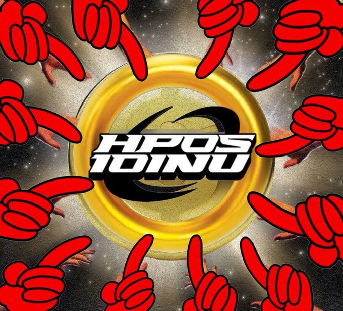 A golden Harry Potter-themed "Obama Sonic 10 Inu" coin floats in space, surrounded by cartoon red hands pointing inward at it from all sides, visualizing the post's hype campaign driving the meme token toward its $10 target.