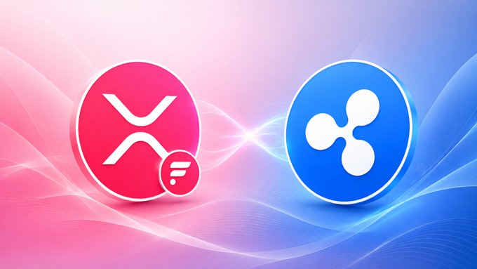 A promotional graphic displaying the XRP logo (red) and Ripple (XRP) logo (blue) with glowing light effects on a pink and blue gradient background.
