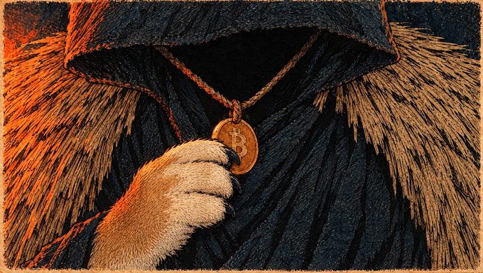 An illustration of a furry, hooded figure holding a large Bitcoin coin necklace, set against a dark background with orange and blue lighting.