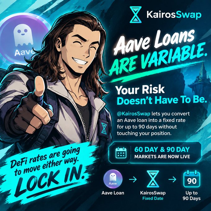 An advertisement for KairosSwap featuring an illustrated character, promoting that "Aave Loans ARE VARIABLE" and offering a way to convert to a fixed rate for up to 90 days.