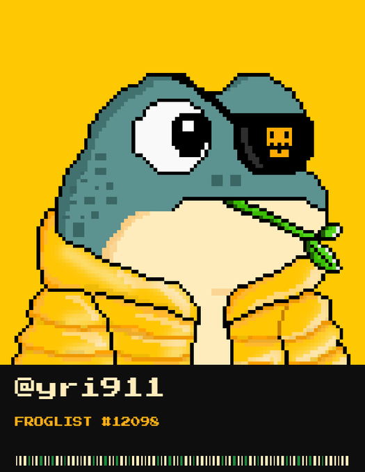 A pixel art illustration of a frog in a yellow puffer jacket wearing a teal helmet with a skull patch, labeled "@yri911 FROGLIST #12098".