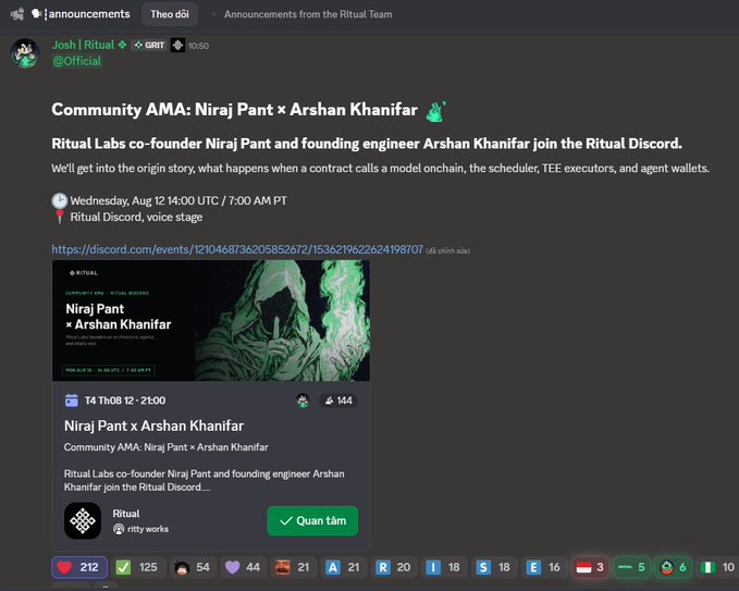 A Discord announcement from Ritual (@Official) inviting the community to an AMA with Ritual Labs co-founder Niraj Pant and founding engineer Arshan Khanifar on Wednesday Aug 12 at 14:00 UTC / 7:00 AM PT, with an attached event image and Vietnamese 'Quan tâm' button.