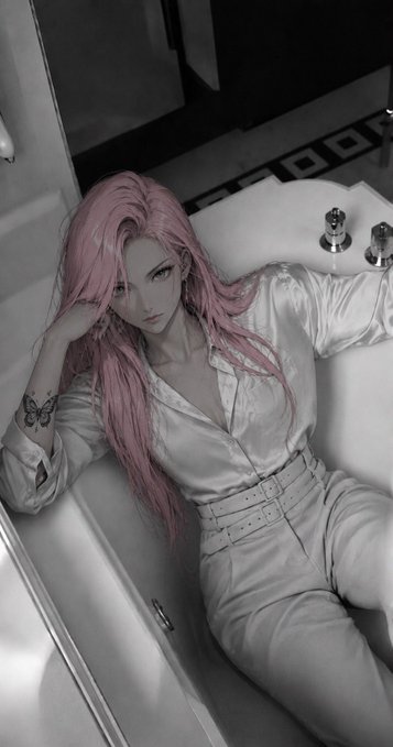 A woman with long pink hair wearing a white shirt and light pants reclines in a bathtub, with a butterfly tattoo visible on her arm.