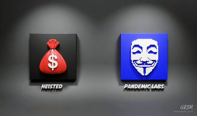 Two app icons displayed side by side: a red money bag with a dollar sign labeled 'HEISTED' and a white Guy Fawkes-style mask on a blue background labeled 'PANDEMIC LABS'.