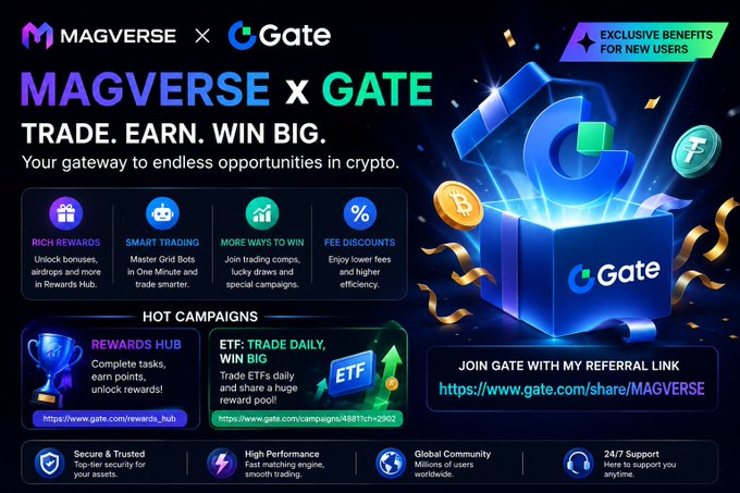 The image features an advertisement for Gate's trading platform, which includes a blue box with a green and purple design, surrounded by various coins and symbols related to cryptocurrency. The text on the poster highlights the benefits of joining Gate, such as trade rewards, fee discounts, and ongoing promotions. The post also mentions that there are many exchanges cutting rewards, but @Gate is still running aggressive campaigns for new users. This information suggests that the platform might be a good option for those looking to explore cryptocurrency trading despite the current market conditions.