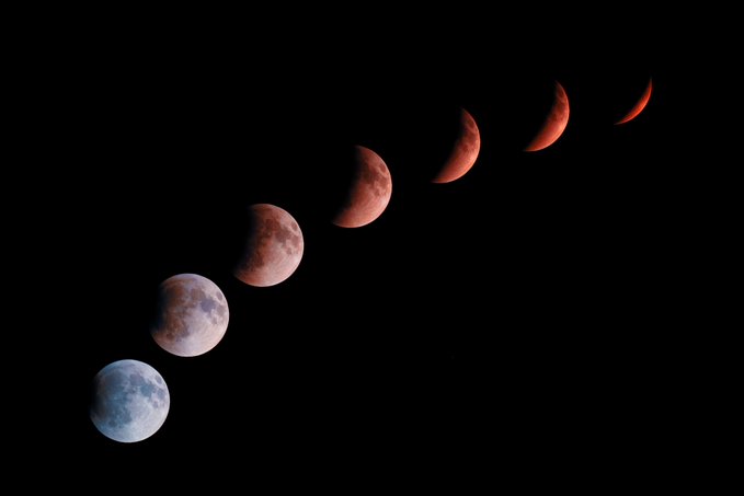 The image features a series of four different pictures of the moon, each showing a different phase or position of the moon as it passes through an eclipse. The first picture shows the full moon, followed by three progressively smaller images representing the phases of the moon during an eclipse. The final image is the last one in the sequence and depicts the red moon during the eclipse.