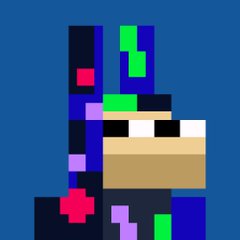 A low-resolution pixel art depiction of a character with a green cap, tan face, and dark blue/purple body set against a solid blue background.