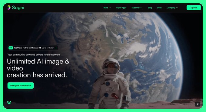 The homepage of Sogni.ai, advertising unlimited AI image and video creation with a 'Start your 3-day trial' button, featuring an astronaut in front of Earth.