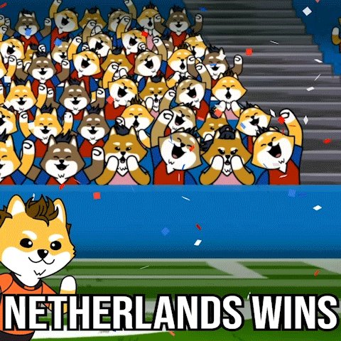 urns of confetti celebrate a victory for Netherlands, with a crowd of animated Shiba Inu dogs cheering from the stands.