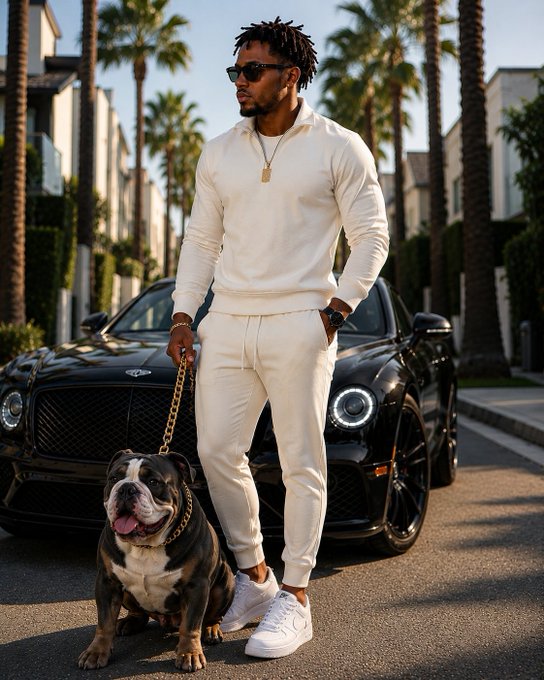 A man with dreadlocks wearing sunglasses and a cream-colored sweatsuit stands in front of a black Bentley SUV, holding a leash attached to a black and white bulldog on a palm-tree-lined street.