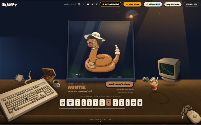 A screenshot of the SlippTV website displaying 'TODAY'S SLIPPY: AUNTIE', featuring a cartoon snake character wearing a sun hat, pearls, and a purse.