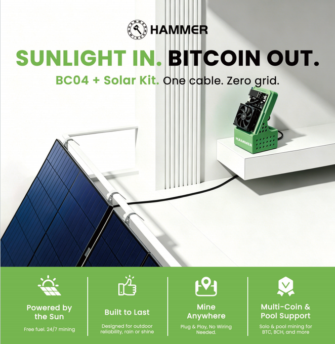 The image features a solar panel with a green light, which is connected to a Bitcoin mining setup. The Bitcoin mining setup includes a solar panel that powers the Bitcoin mining process. The image also contains text about the hammer BC04 solar kit, which is designed for home use and can be used as an alternative power source for Bitcoin mining operations.