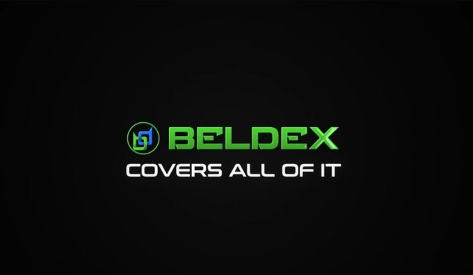 A logo screen on black background displaying 'BELDEX' in green text with the tagline 'COVERS ALL OF IT'.
