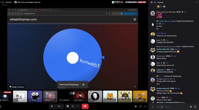 A screenshot of a Discord server 'Max trott via Fiverr | Injective' with a video call showing wheelofnames.com spinning on 'kunweb3', alongside a chat with messages about thanks for hosting.